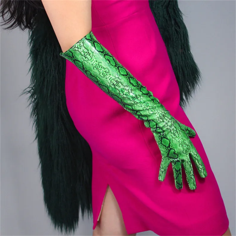 Snakeskin Short Gloves 21cm Patent Leather Emulation Leather PU Bright Leather Animal Python Green Snake pattern Female WPU105
