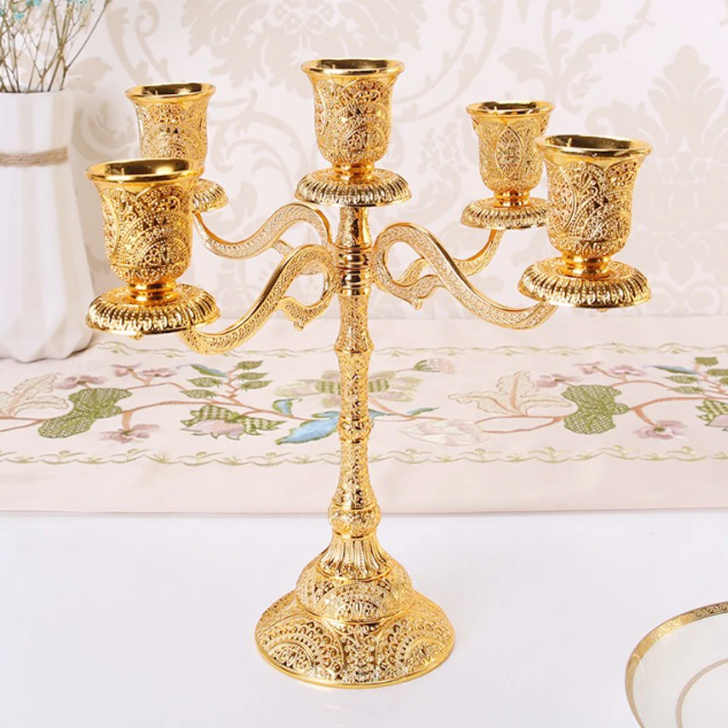 2pcs Luxurious Gold Color Candelabra Candle Holder, 5 Arms Gift for Weddings, Home, Party, Spa, Votive Candle Garden