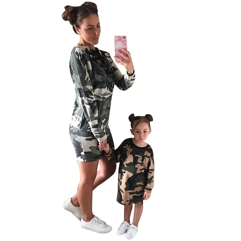 

Fashion Autumn Mother and Daughter Dress Family Matching Clothes Long Sleeve Pullover Dress Camouflage Women Girl's Family Dress