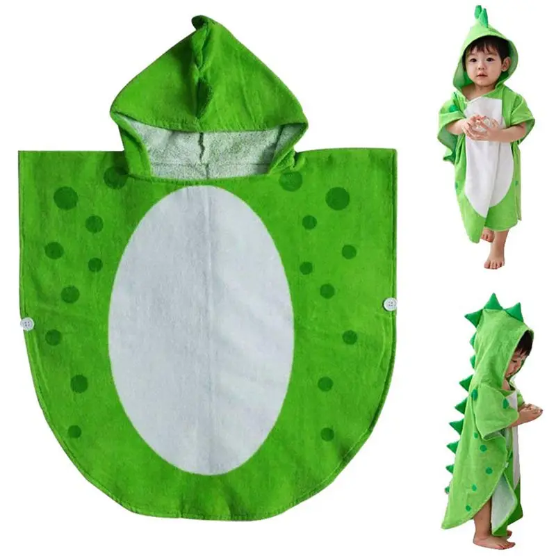 Модный детский банный Халат детское пляжное пончо с капюшоном и рисунком динозавра(зеленый+ белый, 55 см x 110 см