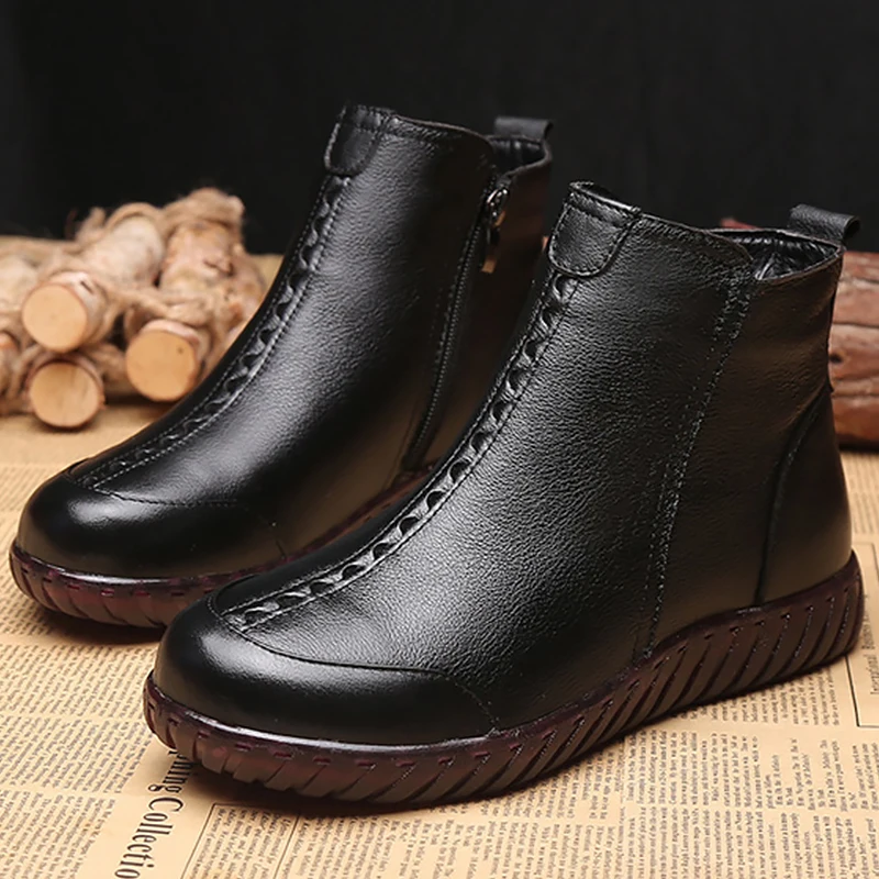 

Genuine leather boots for women Keep warm Zipper Winter shoes female Non slip Velvet Snow boots women 2019 New