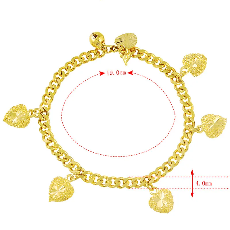24k Gold Bracelet 4mm Heart-Shaped Pendant Plating Gold Fashion Bracelet Jewelry Gift