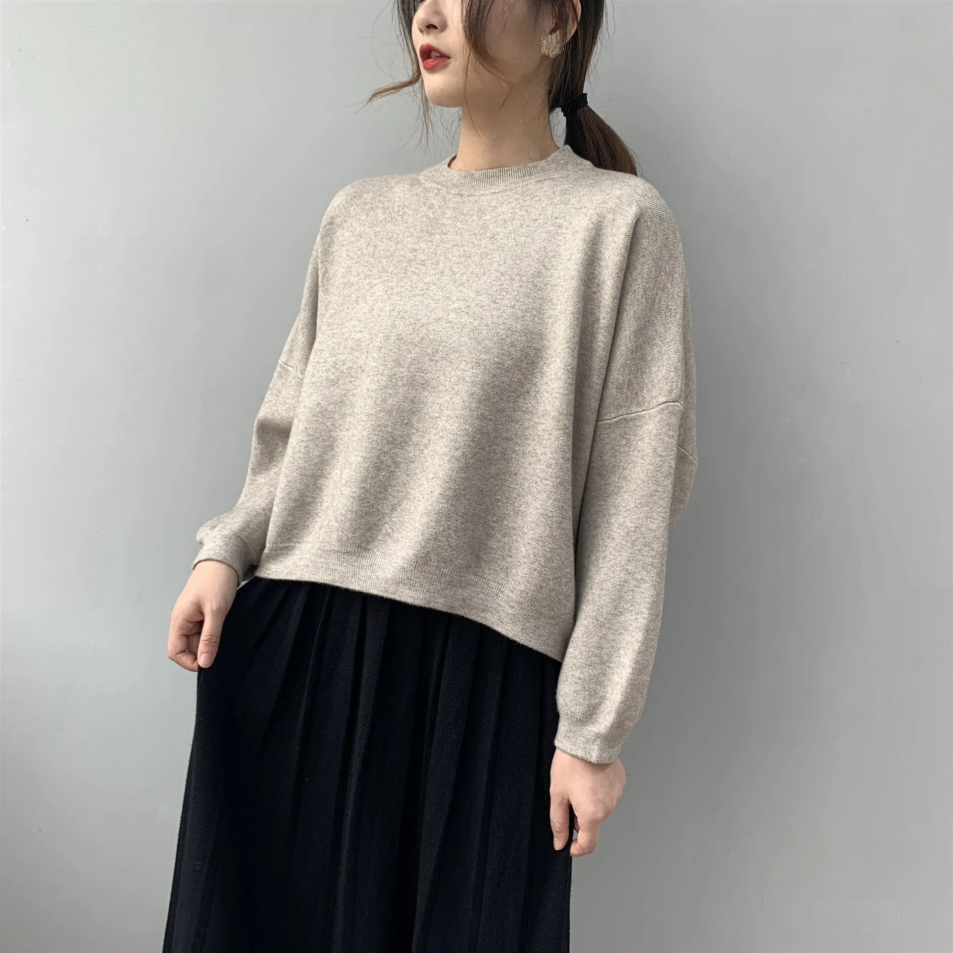 milk-khaki INNASOFAN, вязаный свитер свободного кроя, женский, осенний, весенний, длинный рукав, свитер, евро-американская мода, шикарный, элегантный, Однотонный свитер - Цвет: milk-khaki