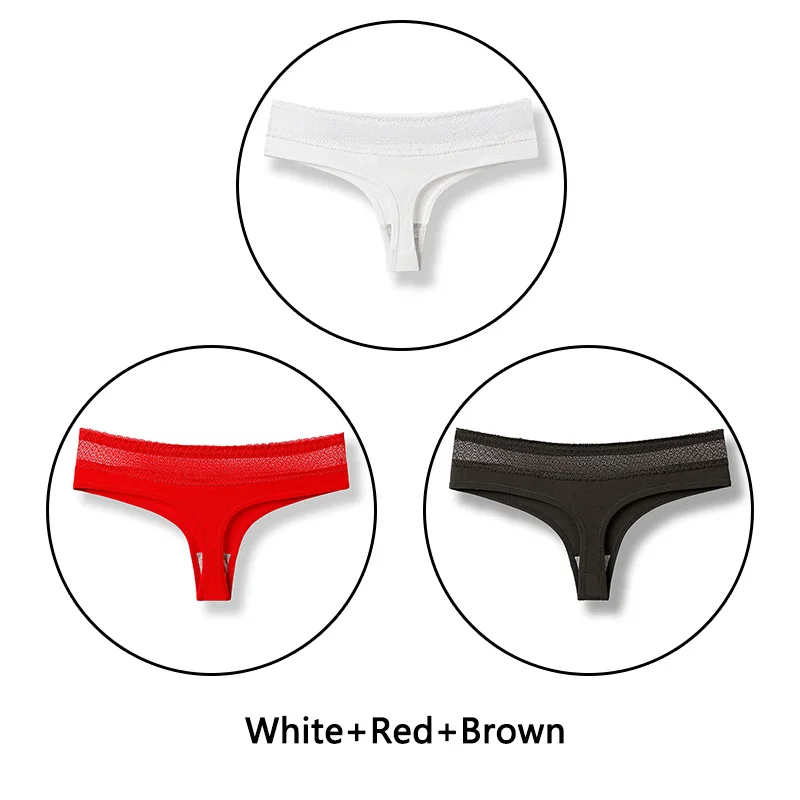 White Red Brown 3 шт./партия открытые стринги сексуальные хлопковые трусики женское нижнее белье кружевное мягкое белье с низкой посадкой однотонное стринги бесшовное белье Новинка - Цвет: White Red Brown