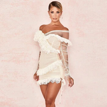 

2020 Fashion Women Mini Off Shoulder Patchwork Long Sleeve Lace Jacquard Sexy Party Dress