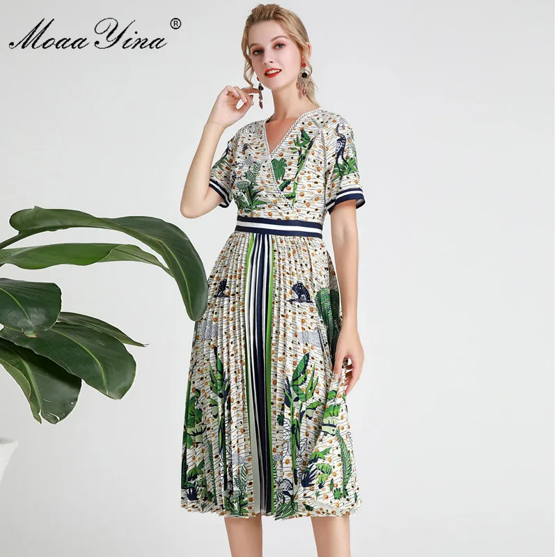

MoaaYina Fashion Designer Runway dress Spring Summer Women Dress Short sleeve V-neck Coconut tree Print Vacation Dresses