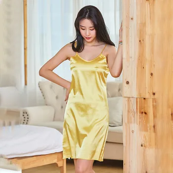 

Female Solid Spaghetti Strap Nightdress Sleepwear Satin Silky Nightgown Intimate Lingerie Sexy Nightwear Skirt Home Clothes