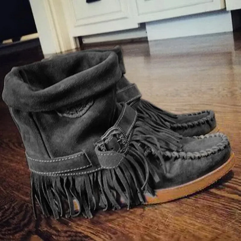 Классические ковбойские сапоги вестерн с кисточками для женщин; женские ковбойские ботинки из флока; обувь на низком каблуке; женские зимние сапоги до колена - Цвет: J