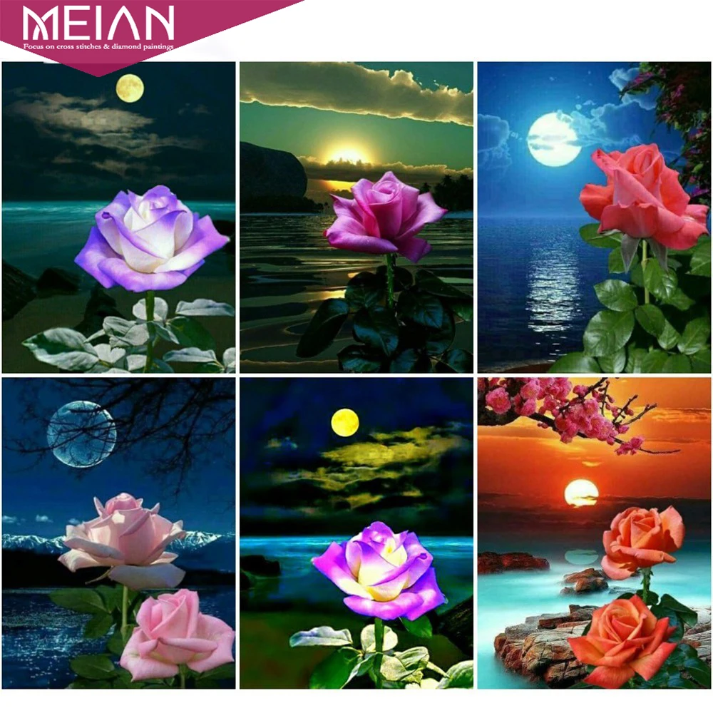 2020 MEIAN Lotus Moon Lake DIY Алмазная мозаика полная круглая вышивка стразы цветок алмазная