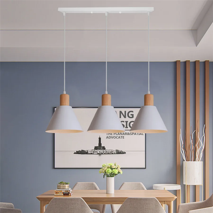 Creative Modern Pendant Hanging Lamp Wood Metal Suspension Pendant Light for Kitchen Dining Room Bar Drop Lights Lampshade