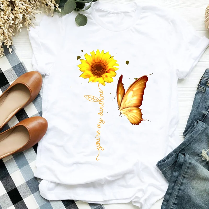 Tanie Kobiety Lady Butterfly słonecznik akwarela 90s styl śliczne drukuj koszulka T Tee