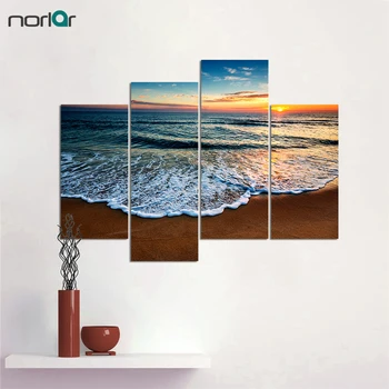 

4 Pieces Canvas Paintings Printed Blue Sea Waves Sunset Seascape Beach Modular Wall Art Modern Art Oil Paintings Unframed