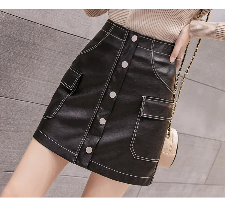 REALEFT Autumn Winter Button OL Pencil A-Line Mini Skirts High Waist Black PU Leather Sexy Wrap Skirts Pocket Female New