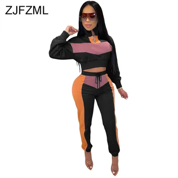 

Contrast Color Sporty 2 Piece Set Sweatsuit Women High Neck Full Sleeve Crop Tops and Drawstring Long Pants Autumn Two Piece