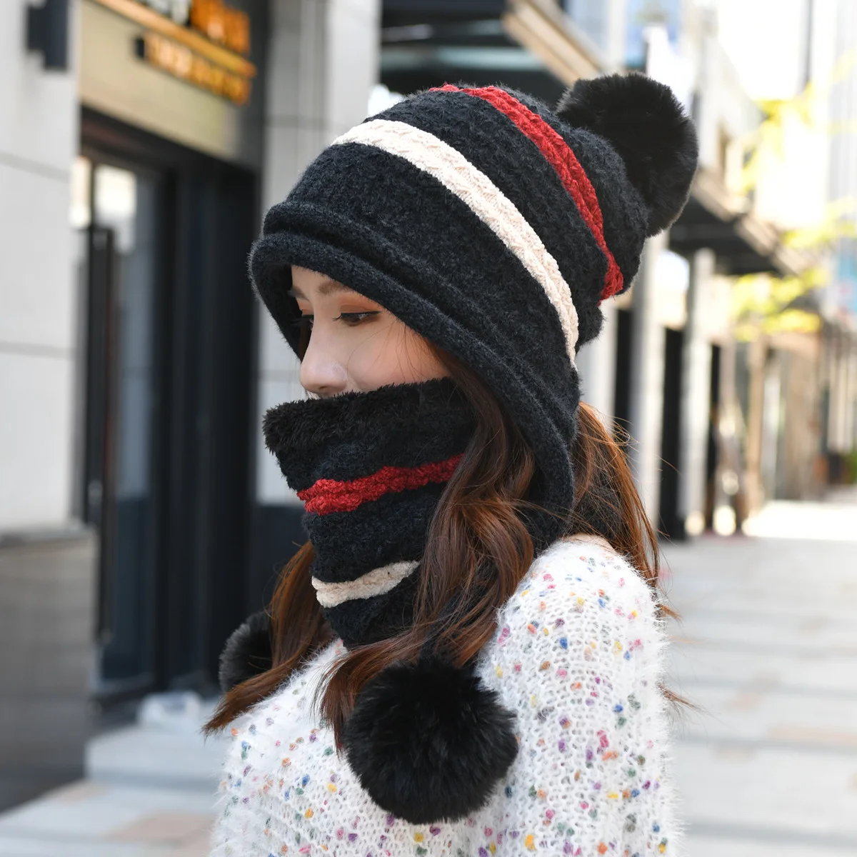 

Hat Women's Winter Korean-style Versatile Cycling Wool Cap Chenille plus Velvet Warm Knitted Hat Scarf Two-Piece Set