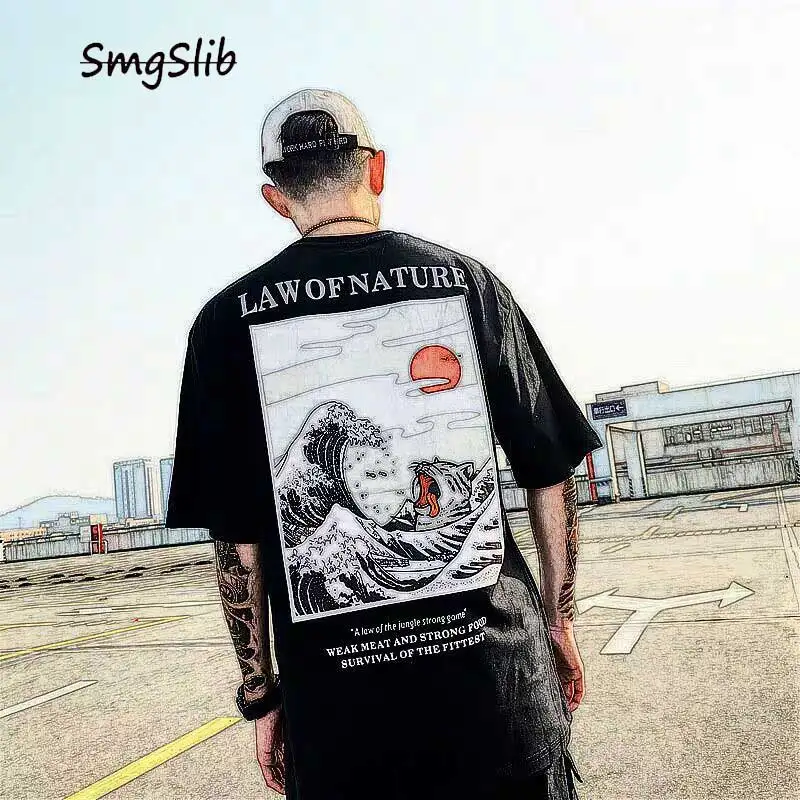 

2020 Japanese Ukiyo Cat Wave Printed Streetwear T Shirts 2019 Summer Mens Hip Hop Casual Short Sleeve Tops Tees Male Tshirts