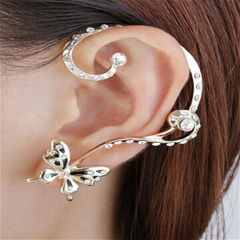 Lovely Crystal Butterfly Ear Cuff Earrings For Women Trendy Gold Ear Stud Fashion Rhinestone Clip On Earring Party Jewelry 1pcs