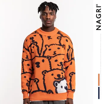 

Mens Cartoon Bear knitwear coupleLoose lazy port orange sweater sweaters pullover men