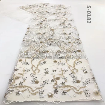 

African navy White sequin lace fabric 2020 high quality handmade bead embroidered net laces fabrics 5 yards/piece for sewing