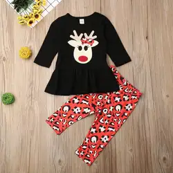 Рождественская одежда для маленьких девочек штаны с принтом черный олень топ детские штаны Одежда для маленьких девочек