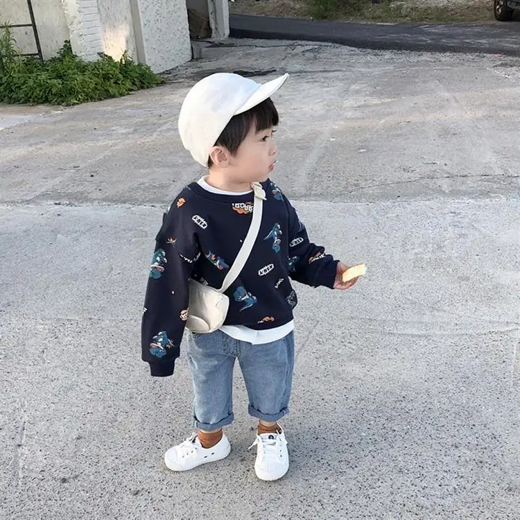 WLG boys girls cartoon hoodies kids autumn white dark blue loose hoodie baby casual all match tops 1-5 years