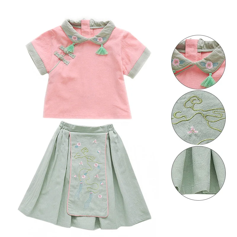 Комплект одежды для маленьких девочек; винтажная хлопковая Футболка с цветочной вышивкой; блузка и юбки; комплект повседневной одежды; От 1 до 7 лет одежда для малышей