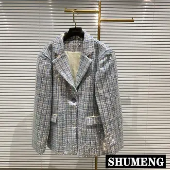 

2020 New Autumn Gradient Sequin Heavy Industry Double Pocket Stitching Denim Suit Jacket Streetwear Women Blazer Coat Outwear