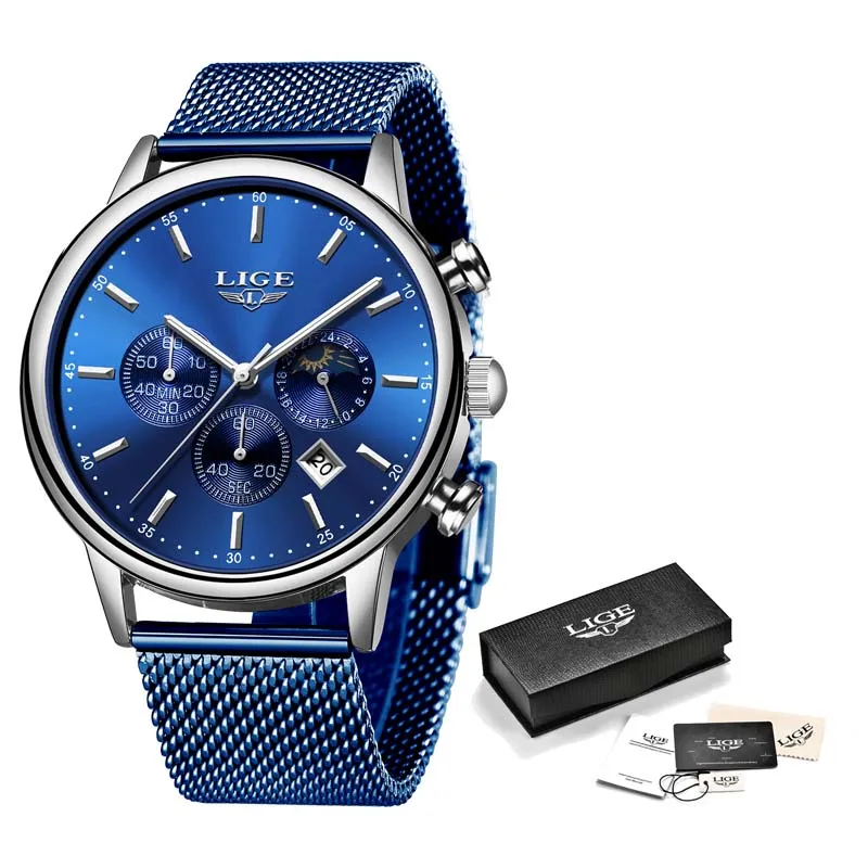 Silver Blue LIGE Luxury Brand Sports Quartz Watches Men Watch with Luminous Hands Chronograph Auto Date Fashion Stainless Steel Wristwatch - Цвет: Silver Blue