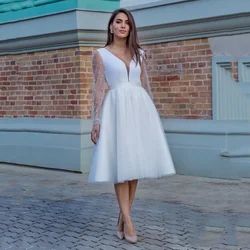 Pukguro Short Wedding Dress Knee Length A LIne Long Pearls Sleeves Elegant Formal Party Dress Simple V Neck Bridal Gowns Custom