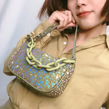 

Designer Mini Sequin Baguette Bags For Women Acrylic Chain Shoulder Bag Lady Handbags Casual Solid Zipper Shoulder Bags 2020