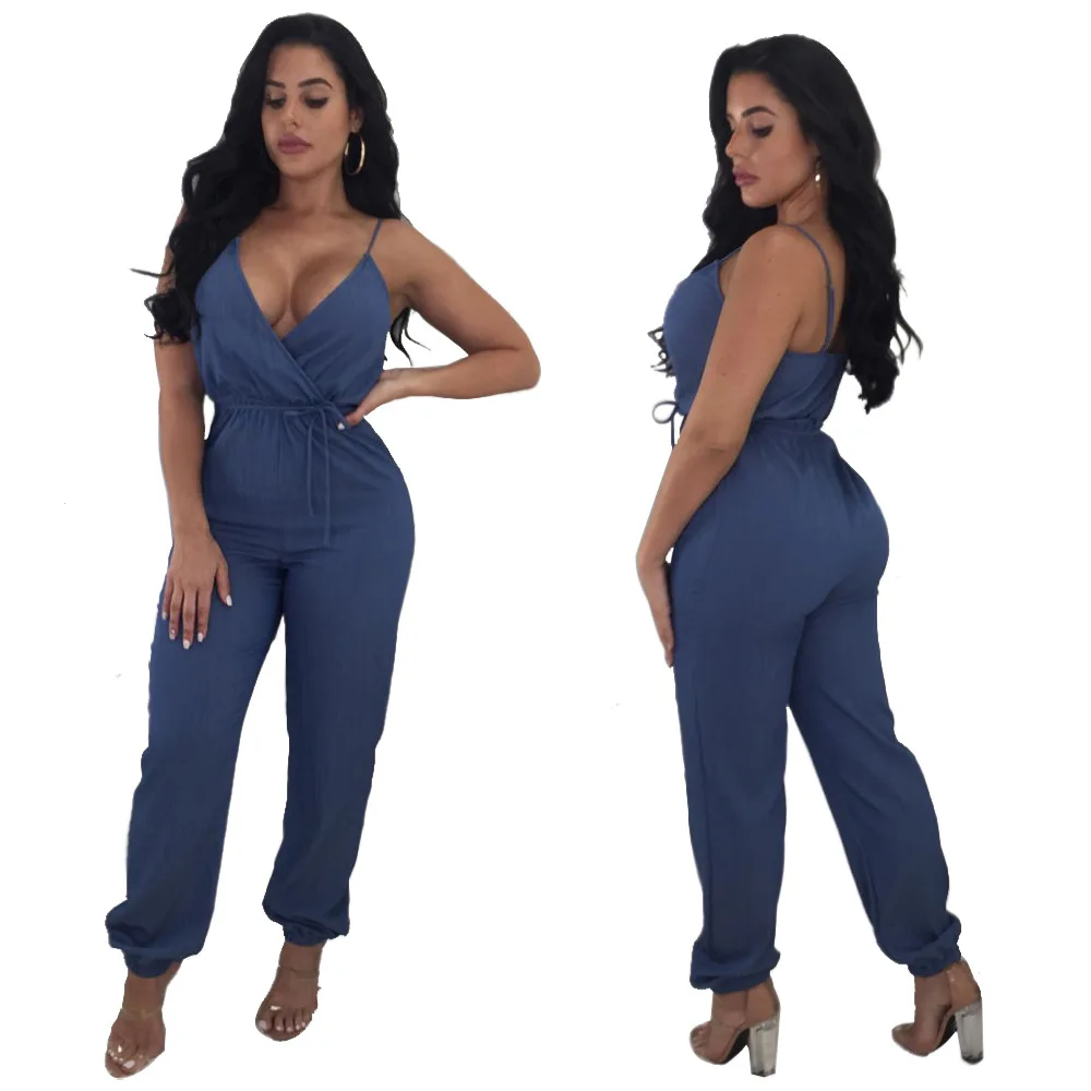 Сексуальный синий джинсовый комбинезон с глубоким v образным вырезом на тонких