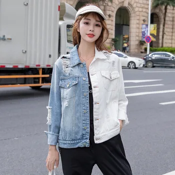 

Personality Jean Jacket Women 2020 Long Sleeve Spring Coat Short Paragraph Blue White Color Matching Female's Denim Jackets