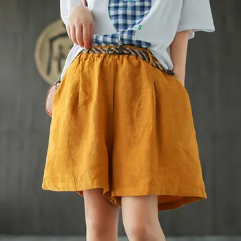 

High Quality Women Linen Shorts with Belt Elastic Waist Fashion Casual Hot Short Summer AZ21471621