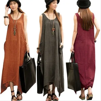 

Womens Boho Beach Summer Long Dress Elegant Sleeveless Loose Pocket Sundress Ladies Cute Plain Dress Dames Clothes