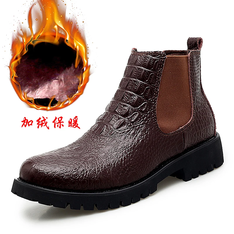 brown cotton8115 Мужские ботинки «Челси» модная теплая повседневная мужская обувь из кожи с высоким берцем Высококачественная Мужская обувь для работы, свадьбы, банкета - Цвет: brown cotton8115