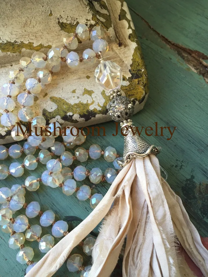 

Crystal Stone Beaded Sari Silk Tassel Necklace Boho Jewelry Necklace