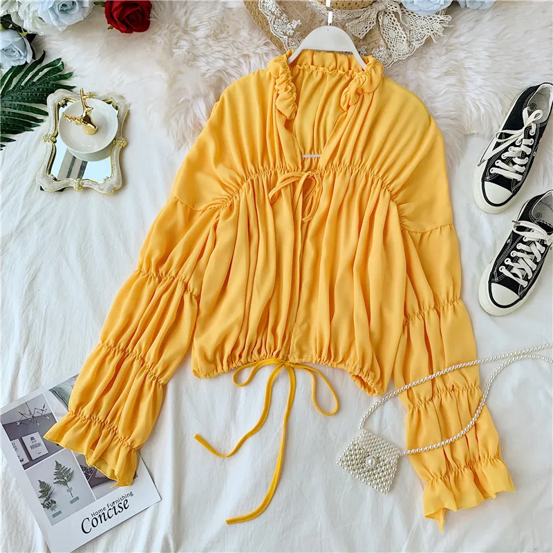 

2019 Autumn Fashion Short Blouse Shirt New Design Feeling Small Lotus Root Sleeves Long-sleeved Chiffon Shirt