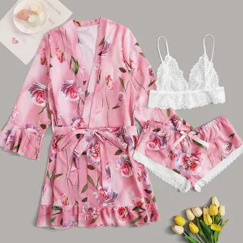 

Sexy Pajama Sets Women 3Pieces Satin Silk Pajamas Nightdress Lingerie Robes Underwear Sleepwear Feminino Spaghetti Strap