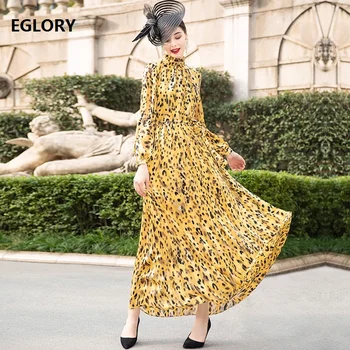 

High Quality Designer Runway Long Dress 2020 Spring Women Ruffled Collar Sexy Wild Leopard Prints Long Sleeve Maxi Dress Yellow