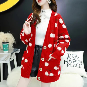 

Knitted Cherry Pattern Cardigan Sweater Women Casual Sweet Sweater Jacket Autumn Winter 2020 Ladies Thick Outwears