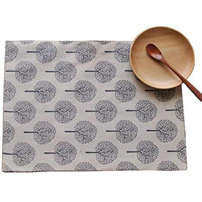 LBER Set Of 4 Rustic Tree Table Placemats Cotton Linen Pattern Washable Floral Tree