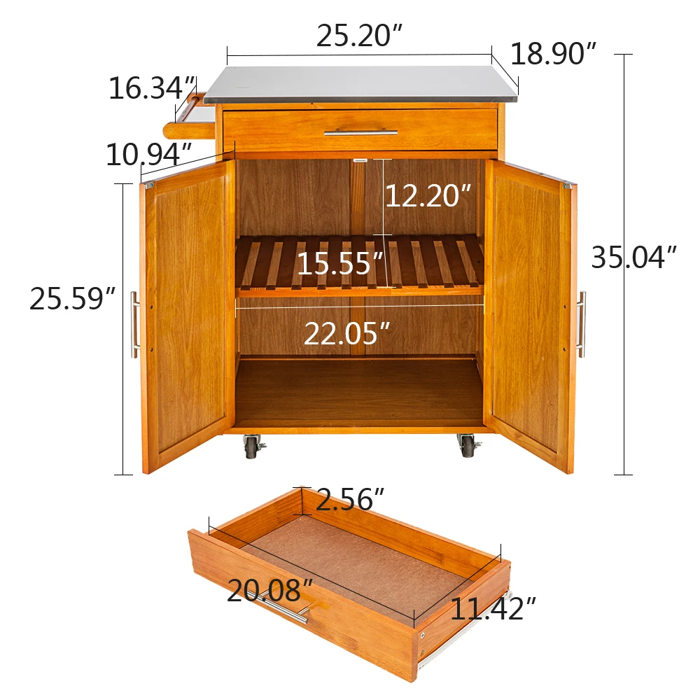  Moveable Kitchen Cart with Stainless Steel Table Top One Drawer One Cabinet Sapele Removable Stainl - 4000460057553