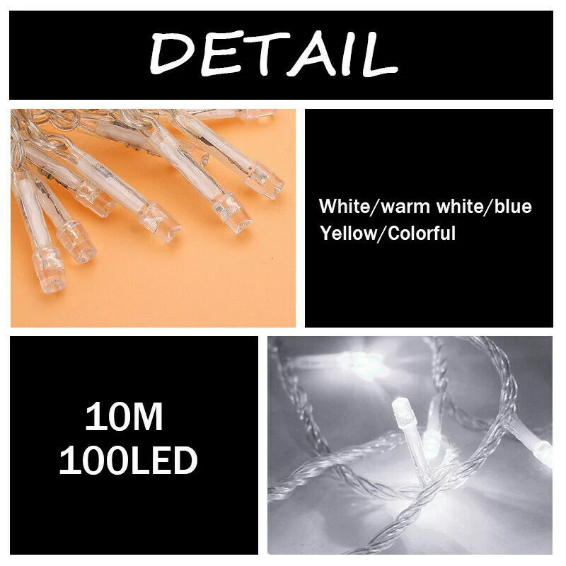 10M 100LED Warm White LED Window Curtain String Fairy Lights Xmas Wedding Decor, White EU Plug