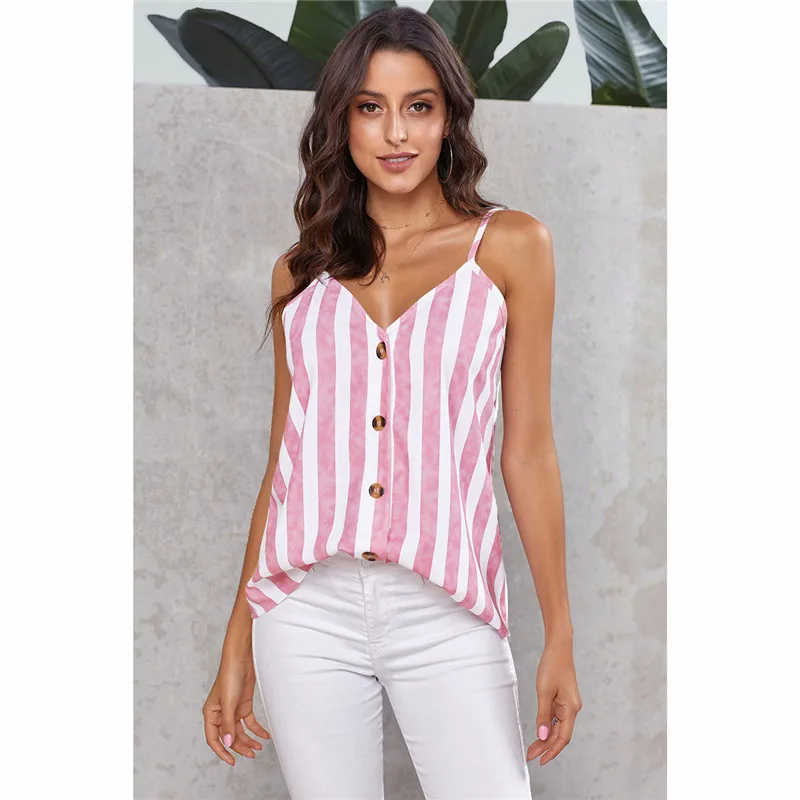 New Striped Vest Women's T-shirt 2020 Summer New V-neck Single Breasted Suspender Top European and American