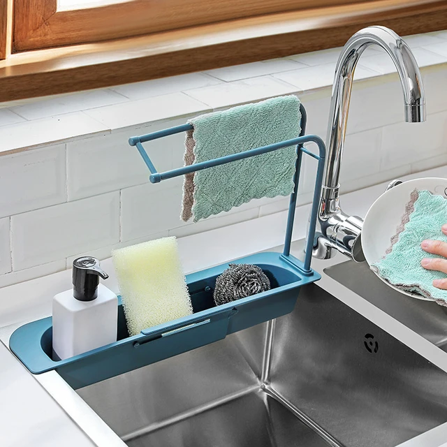 Telescopic Sink Rack Holder Expandable Storage Drain Basket Sink Towel Rack  Dish Rack Over Sink for Home Kitchen