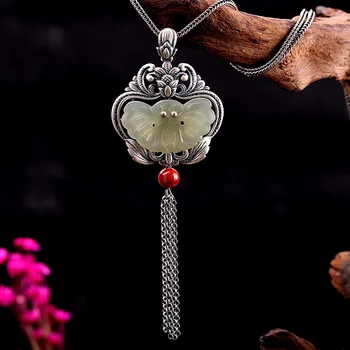 

direct sales of Thai Silver Antique Necklace S925 pure silver jewelry women's court style Hetian jade pendant