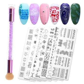 

1 Set Geometry Animals Nail Designs DIY Nail Art Stamp Nail Stamping Template Flower Manicure Image Plate Stencil With Spong Pen