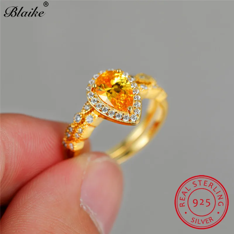 Solid 925 Sterling Silver Ring Set Pear Cut Water Drop Austrian Crystal Engagement Wedding Bands Yellow Topaz Rings For Women Cz | Украшения