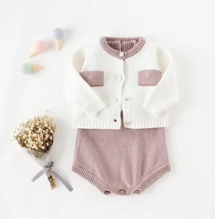 purple set 4 INS/ г. Вязаный комбинезон с объемным карманом Bebes, кардиган, Детский свитер для девочек и мальчиков комплект верхней одежды для малышей, вязаная одежда для детей от 0 до 24 месяцев - Цвет: purple set 4