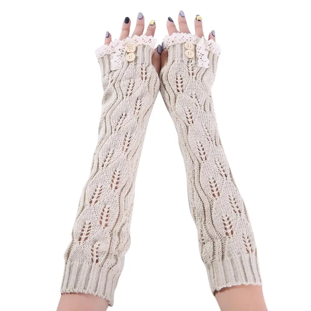 Модные женские зимние теплые однотонные вязаные шерстяные перчатки для рук, вязаные длинные перчатки без пальцев, женские перчатки - Цвет: Beige